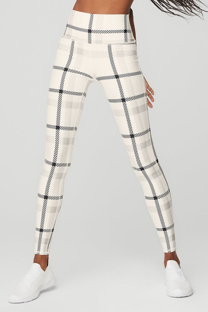 Alo Yoga Airlift High-Waist Magnified Plaid Women's Leggings White Black | 53MJAXYCO