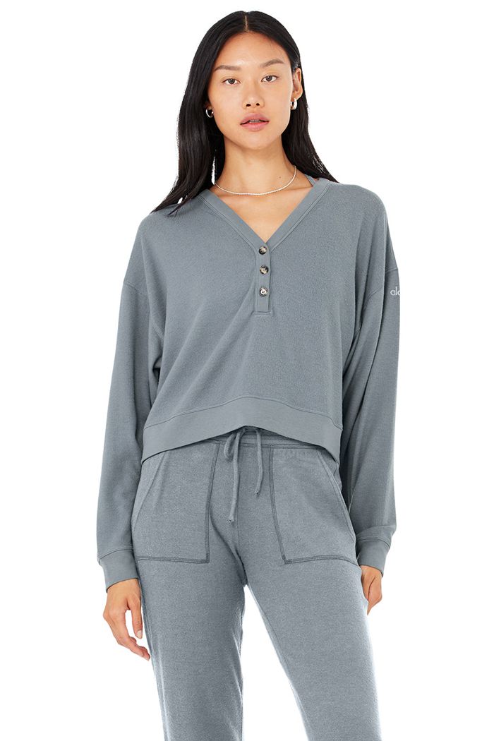 Alo Yoga Alolux Soho Cropped Henley Women's Long Sleeve Grey | 46JNAWHGU