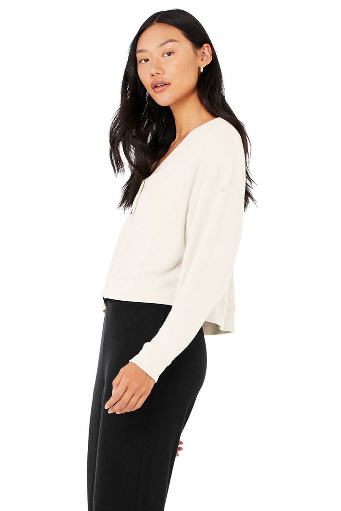 Alo Yoga Alolux Soho Cropped Henley Women's Long Sleeve White | 64GVUTDFM