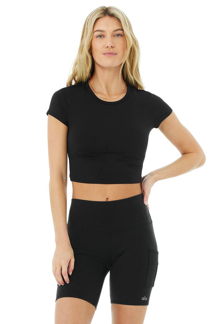 Alo Yoga Alosoft Crop Finesse Women's Short Sleeve Black | 01RDECBWO