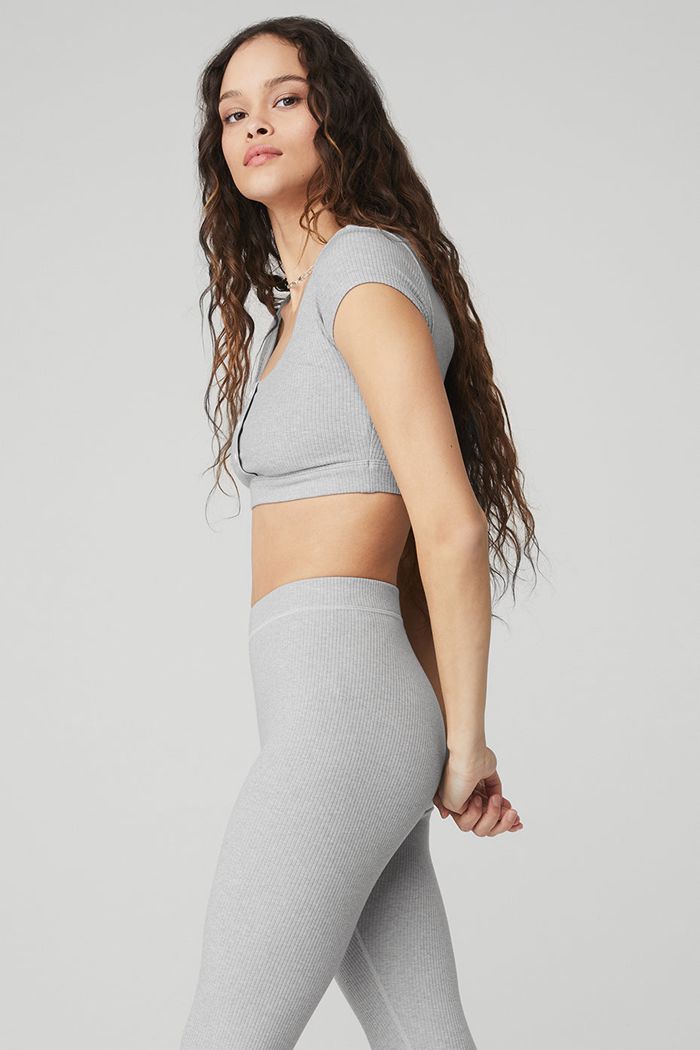 Alo Yoga Blissful Henley Women's Bras Grey | 03JUHQRNL