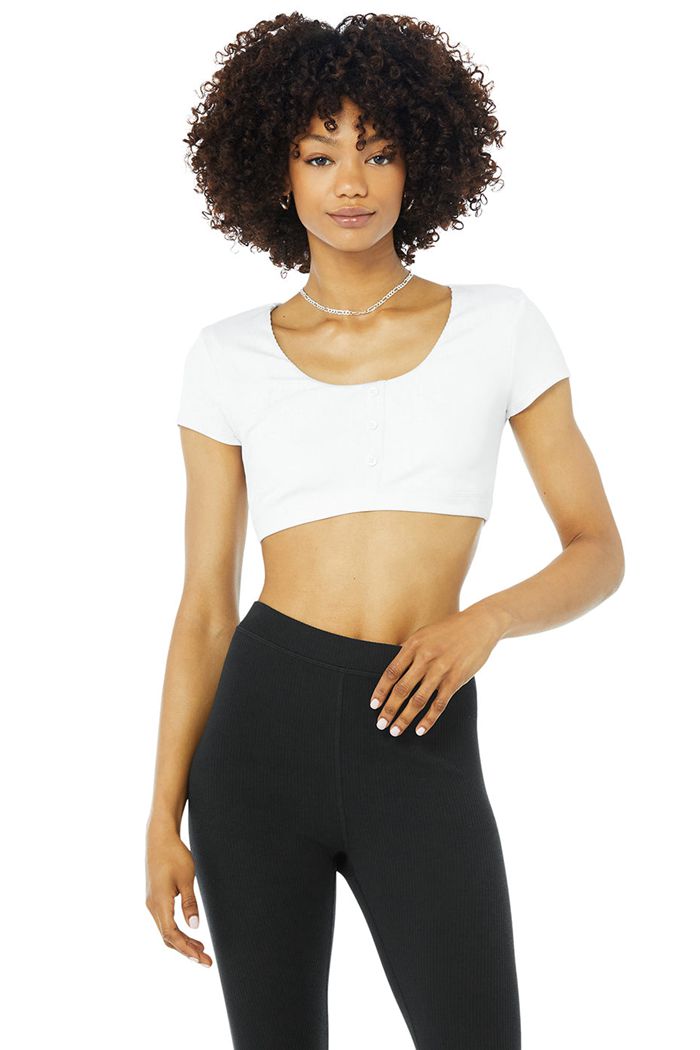 Alo Yoga Blissful Henley Women's Bras White | 91ORXHAWI