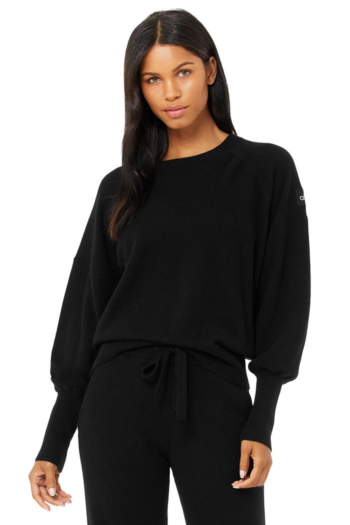 Alo Yoga Cashmere Jet Set Crew Women's Long Sleeve Black | 73JIWGAUX