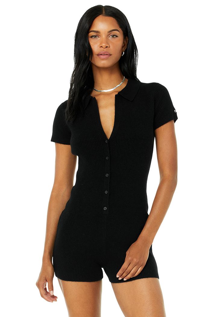 Alo Yoga Cashmere Ribbed Staycation Playsuit Women's Playsuit Black | 31FXOIEVB