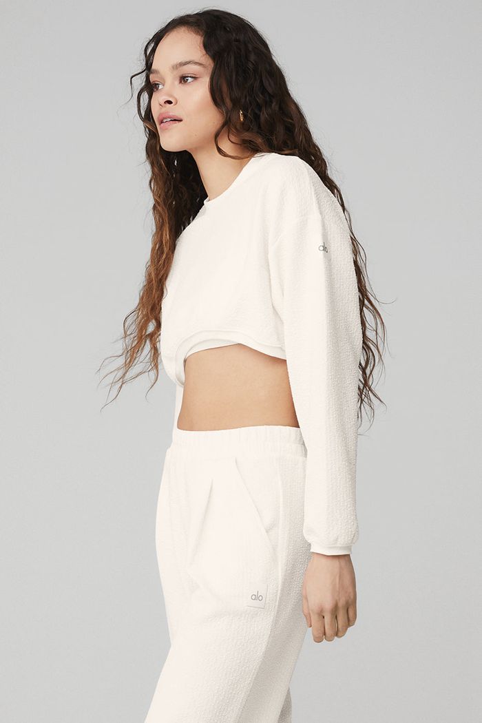 Alo Yoga Cropped Tailored Crew Neck Women's Long Sleeve White | 17YLKFCUD