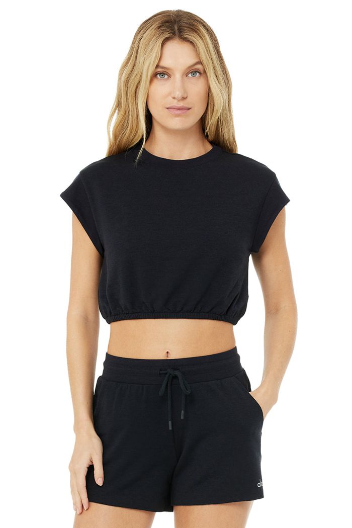 Alo Yoga Dreamy Crop Women's Short Sleeve Black | 49TBZWKFL