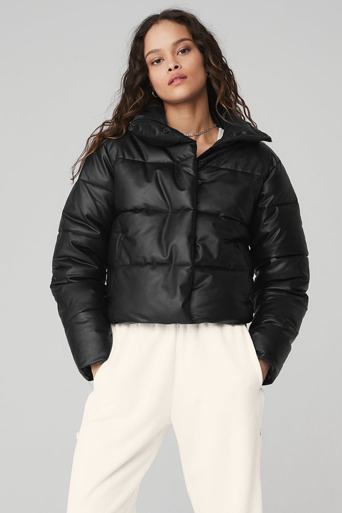 Alo Yoga Faux Leather Gold Rush Puffer Women's Jackets Black | 24EWKFVAQ