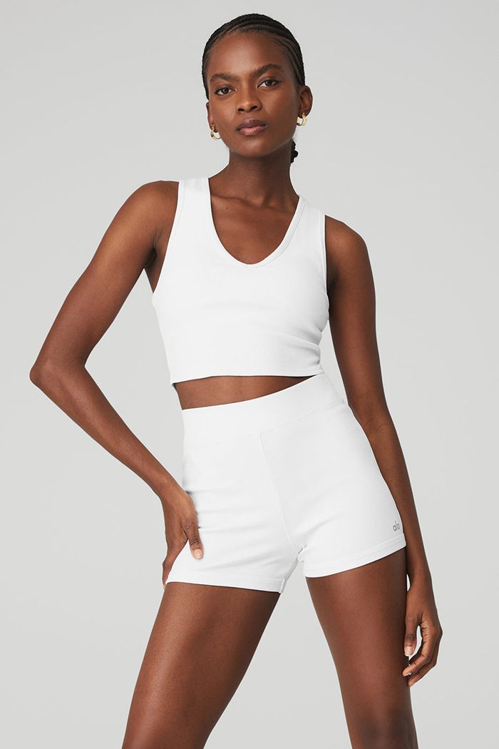 Alo Yoga Goddess Ribbed Cropped Racerback Women's Tank Tops White | 92JCFZAQR