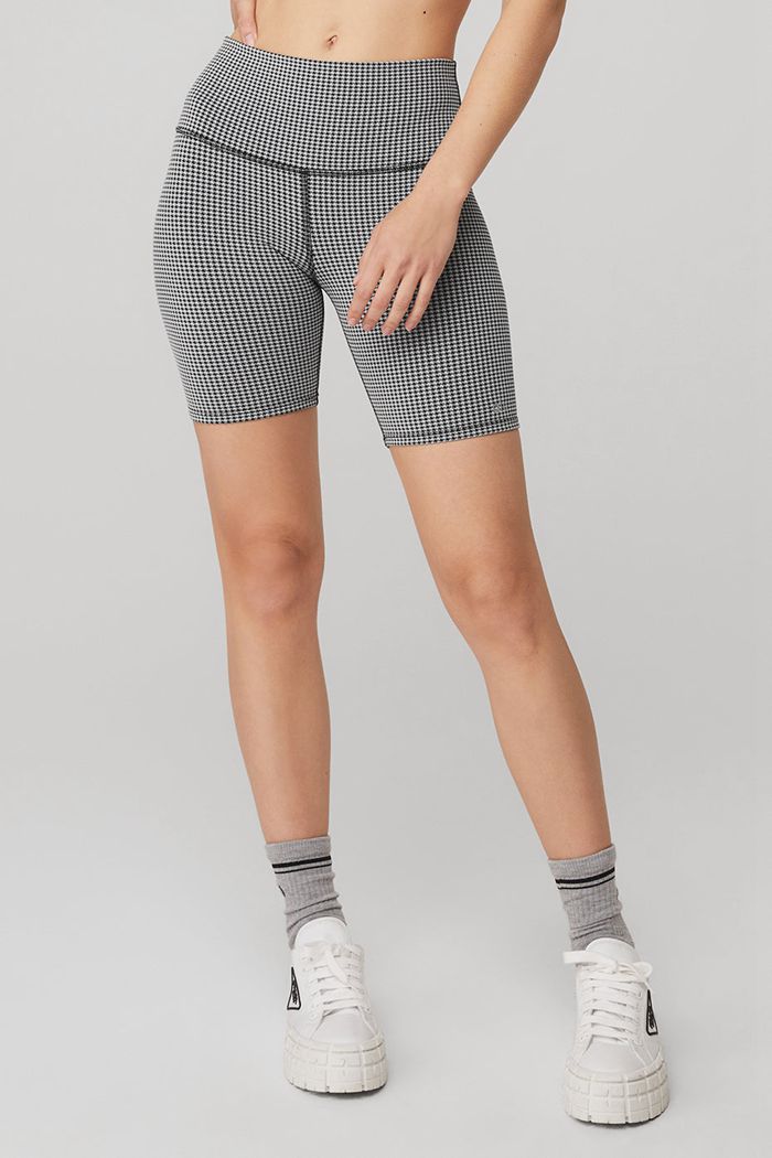 Alo Yoga High-Waist Micro Houndstooth Biker Women's Short White | 13FPNDXAU