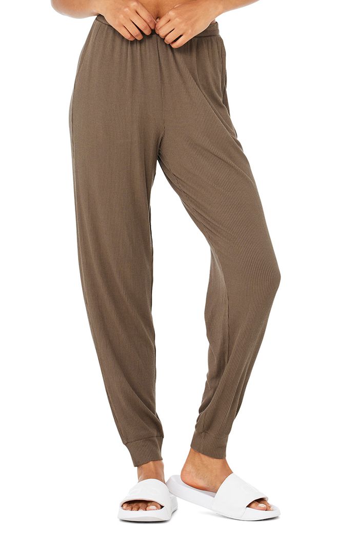 Alo Yoga High-Waist Ribbed Whisper Women's Pants Brown | 96NEUVSLO