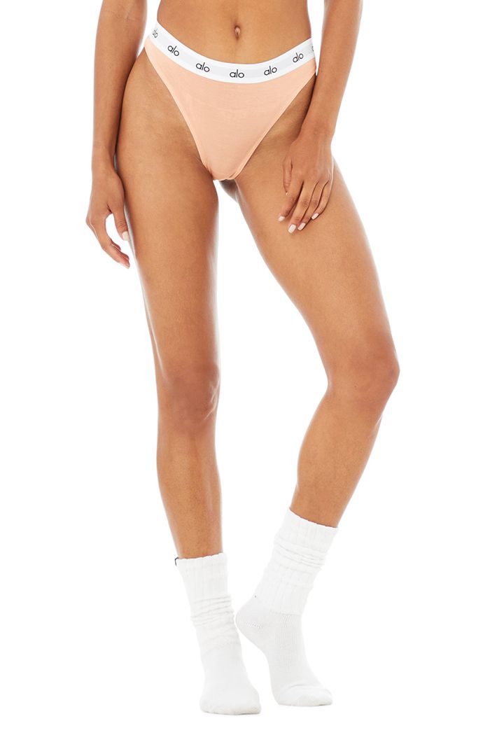 Alo Yoga Icon High-Cut Thong Women's Underwear Beige | 35PLEKFWH