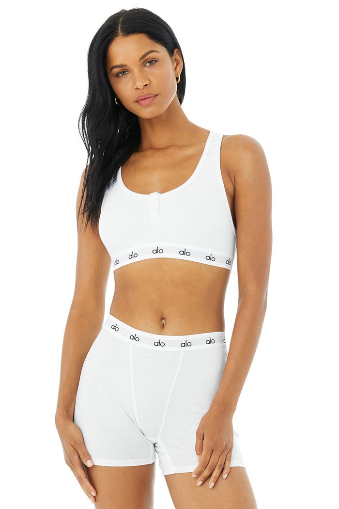 Alo Yoga Icon Ribbed Henley Women's Bras White | 19JITHLQW