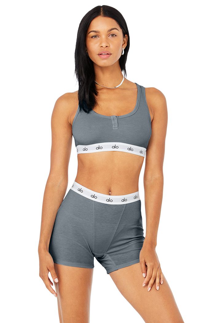 Alo Yoga Icon Ribbed Henley Women's Bras Grey | 28IQXYHZE