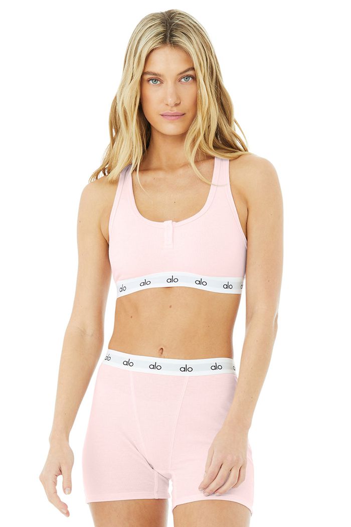 Alo Yoga Icon Ribbed Henley Women's Bras Pink | 64XVAPUIW