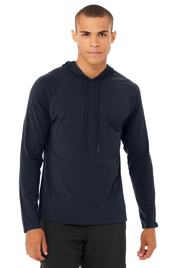 Alo Yoga Idol Hooded Runner Men's Hoodie Navy | 24ALMUPEO