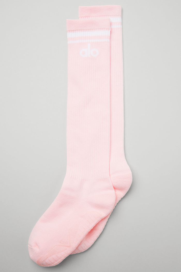 Alo Yoga Knee-High Throwback Barre Women's Socks Pink White | 97EZJHFWL