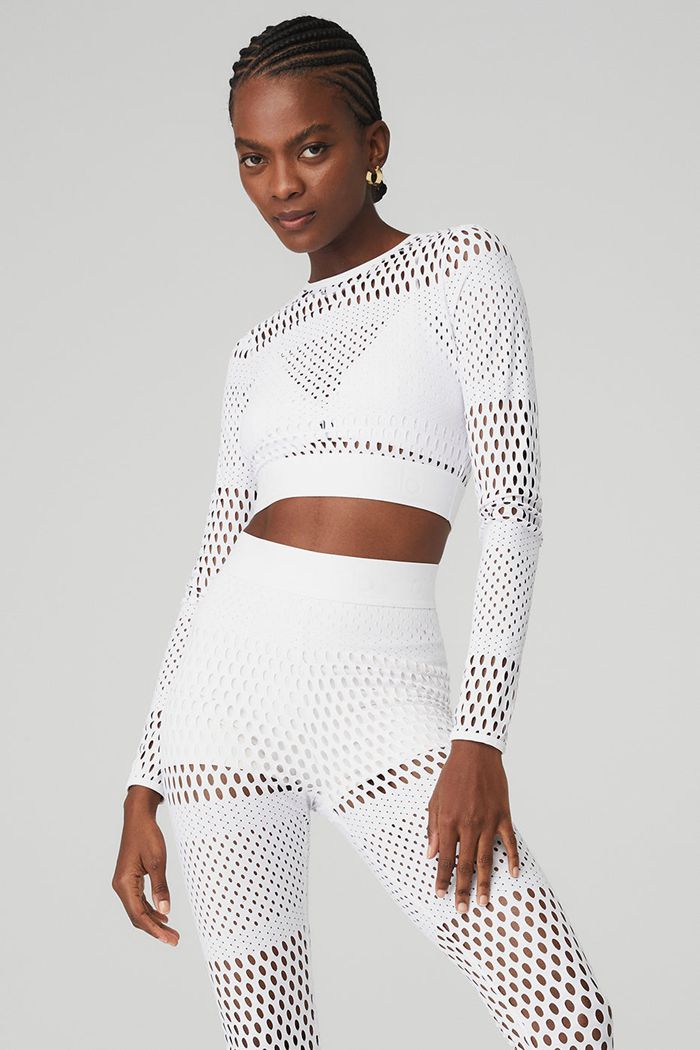 Alo Yoga Mesh Haute Summer Women's Long Sleeve White | 47SIVJOXL