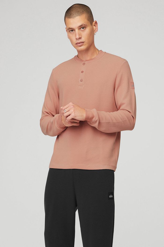 Alo Yoga Micro Waffle Fast Break Henley Men's Long Sleeve Pink | 39NFCHZQY