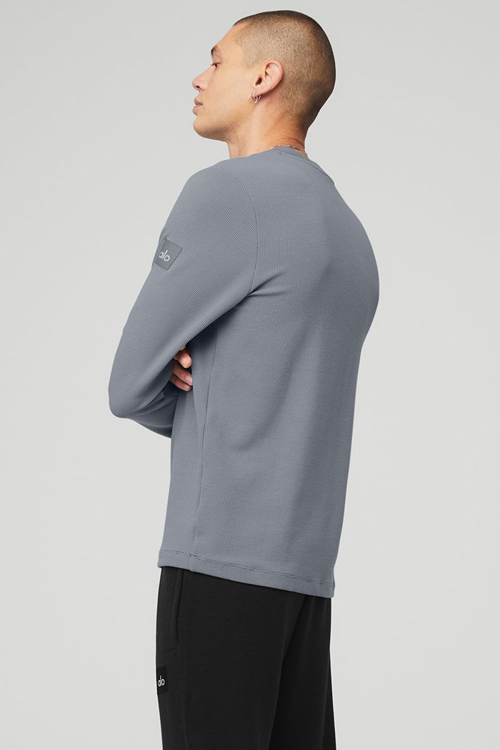 Alo Yoga Micro Waffle Fast Break Henley Men's Long Sleeve Grey | 73QKHYUZD