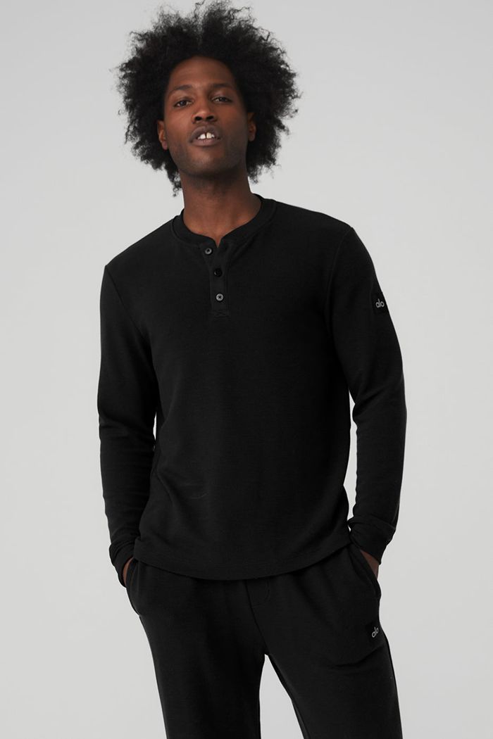 Alo Yoga Micro Waffle Fast Break Henley Men's Long Sleeve Black | 81YCRVXSZ