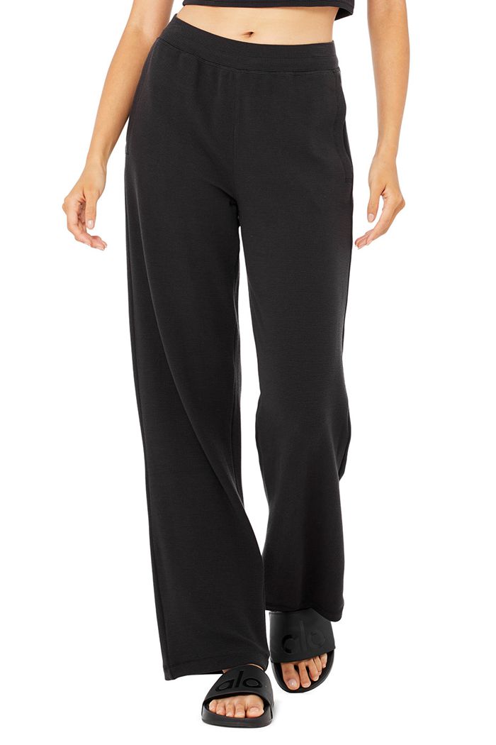 Alo Yoga Micro Waffle High-Waist Pleasant Wide Leg Women's Pants Black | 30HFZTIVU