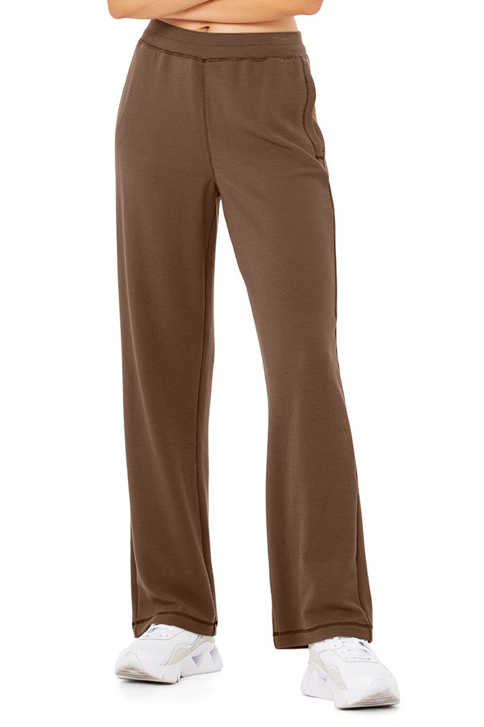 Alo Yoga Micro Waffle High-Waist Pleasant Wide Leg Women's Pants Brown | 56ZWDAGRH