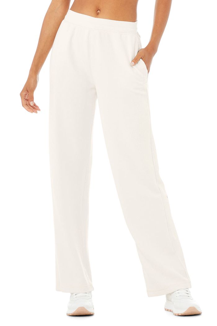 Alo Yoga Micro Waffle High-Waist Pleasant Wide Leg Women's Pants White | 67TWHIMBO