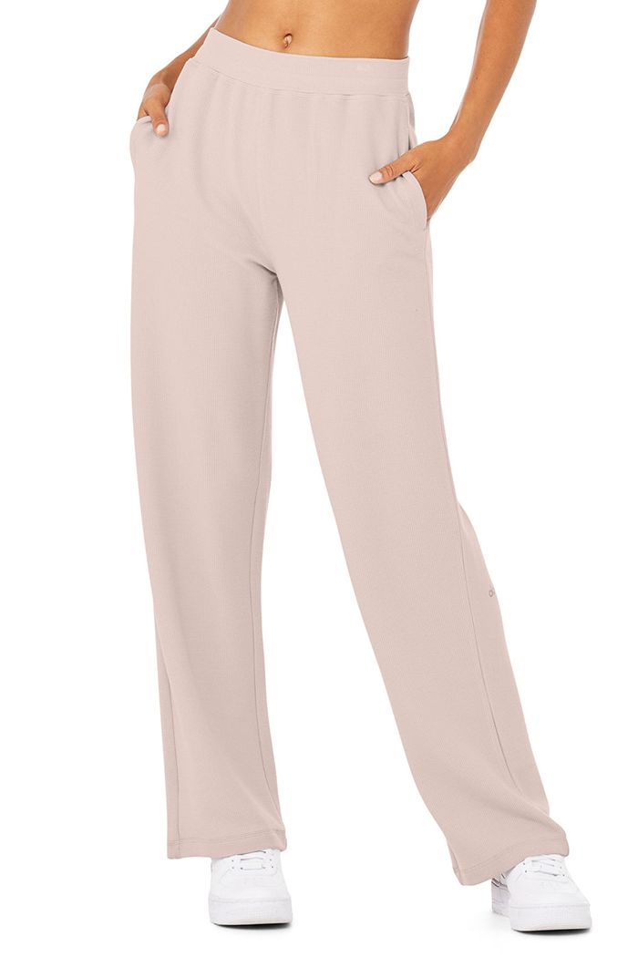 Alo Yoga Micro Waffle High-Waist Pleasant Wide Leg Women's Pants Pink | 87HWMSVAJ