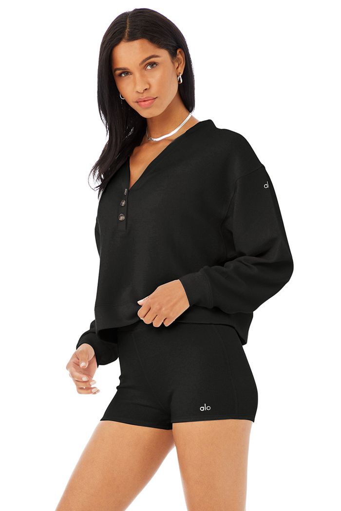 Alo Yoga Micro Waffle Pleasant Cropped Henley Women's Long Sleeve Black | 16NKBVOUE