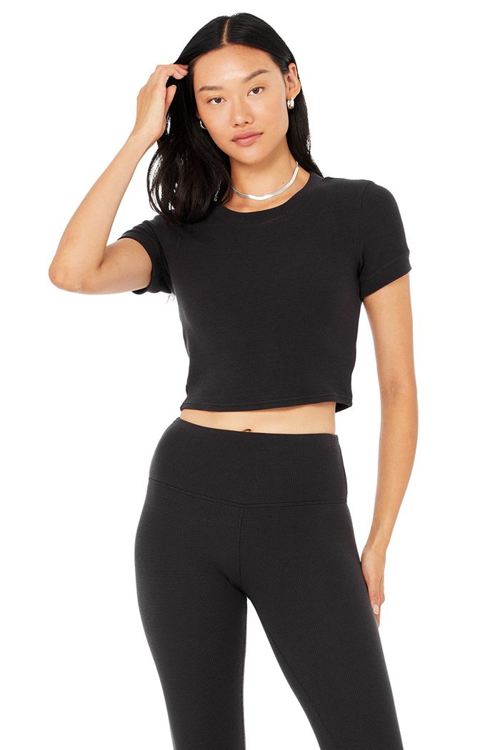 Alo Yoga Micro Waffle Sierra Women's Short Sleeve Black | 47DSBKMWP