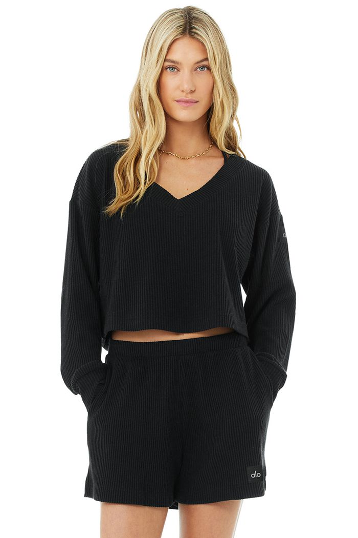 Alo Yoga Muse V-Neck Women's Pullover Black | 73AIVNLYD