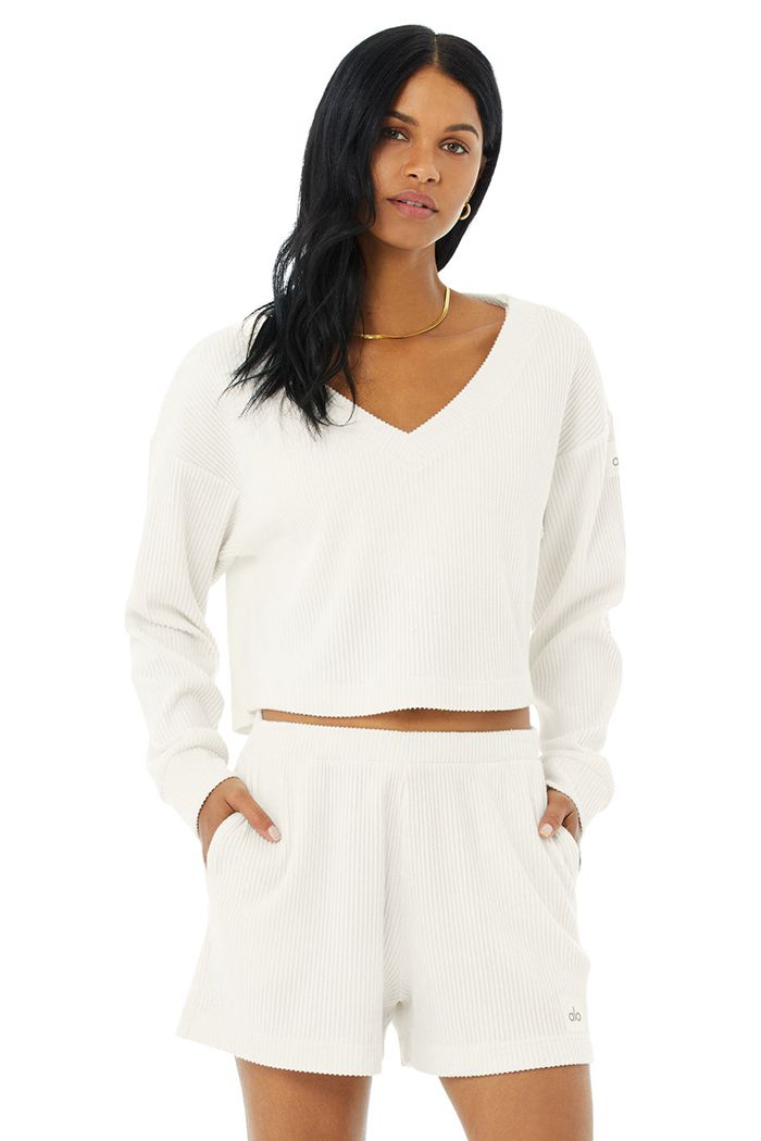 Alo Yoga Muse V-Neck Women's Pullover White | 98HPLCMKR