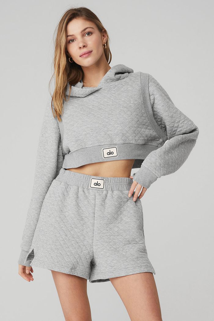 Alo Yoga Quilted Cropped Arena Women's Hoodie Grey | 40MQNTDLW