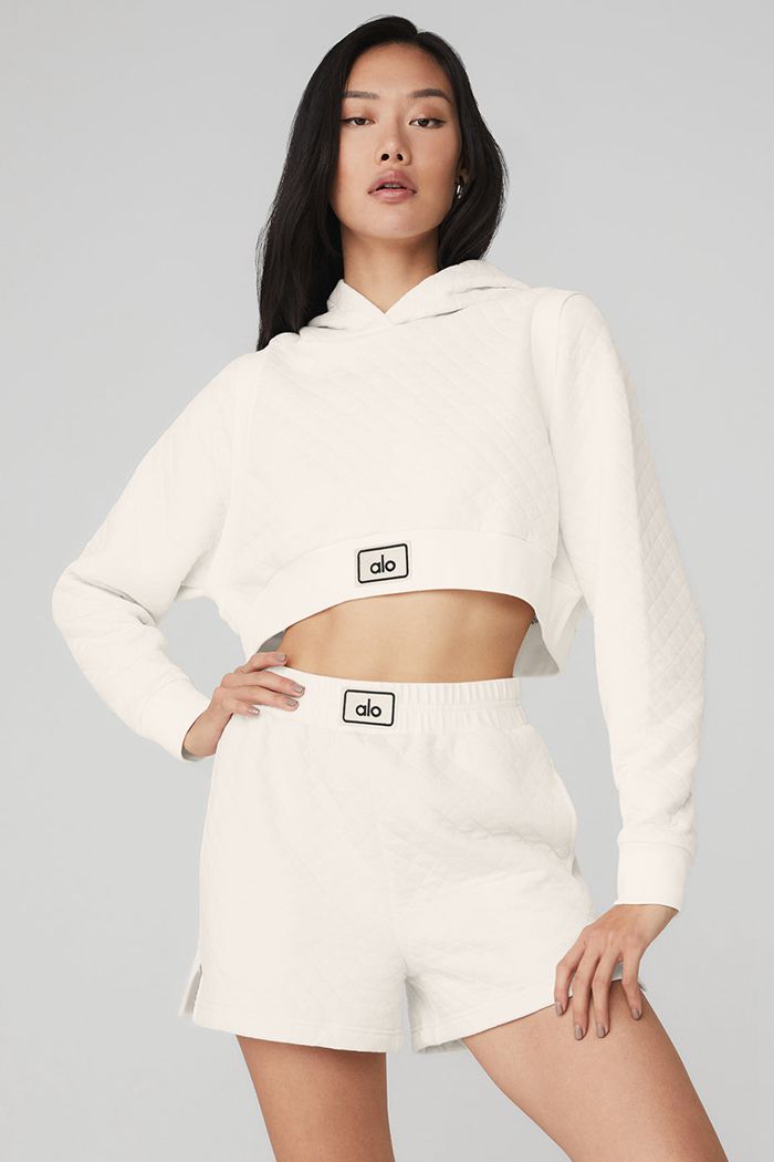 Alo Yoga Quilted Cropped Arena Women's Hoodie White | 98GPDCNRI