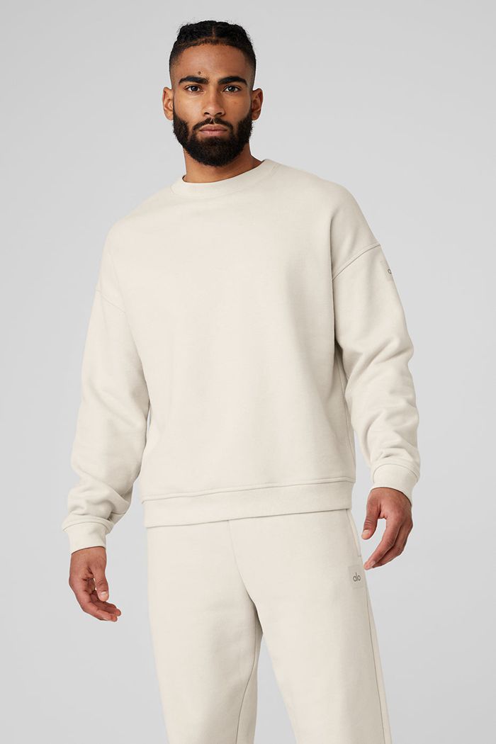 Alo Yoga Renown Crew Neck Men's Pullover Beige | 74ESKMANG