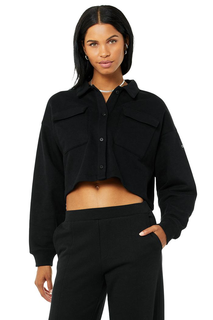 Alo Yoga Renown Cropped Button-Up Women's Pullover Black | 40GMNCQUB