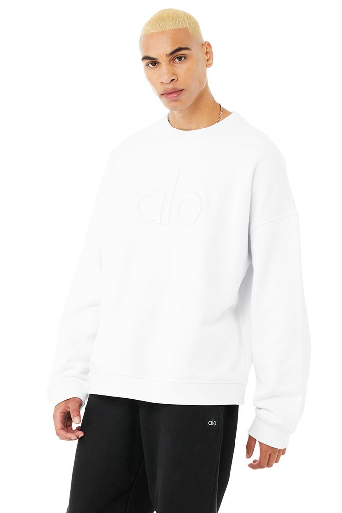 Alo Yoga Renown Heavy Weight Emblem Crew Neck Men's Pullover White | 37AZKIHYW