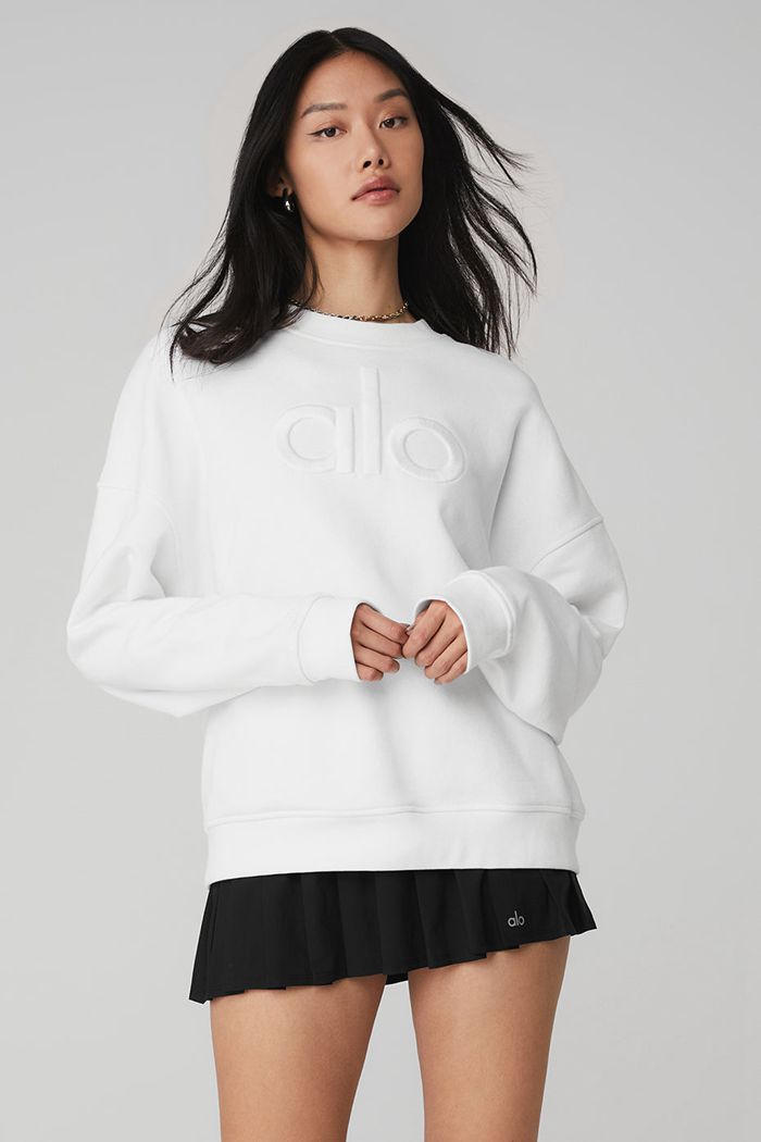 Alo Yoga Renown Heavy Weight Emblem Crew Neck Women's Pullover White | 61HESWTVC