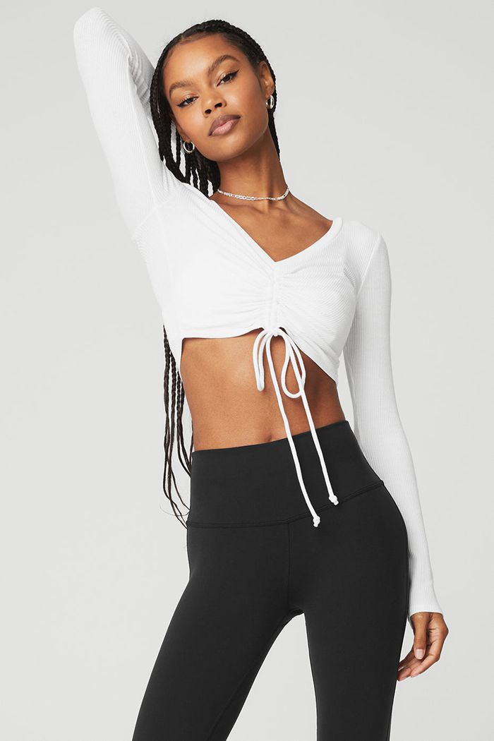 Alo Yoga Ribbed Cinch Cropped Women's Long Sleeve White | 25FXLMUBH