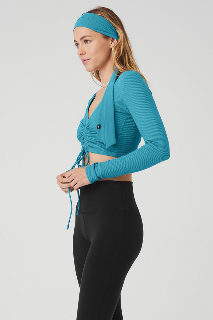 Alo Yoga Ribbed Cinch Cropped Women's Long Sleeve Blue | 26AKLYHGQ