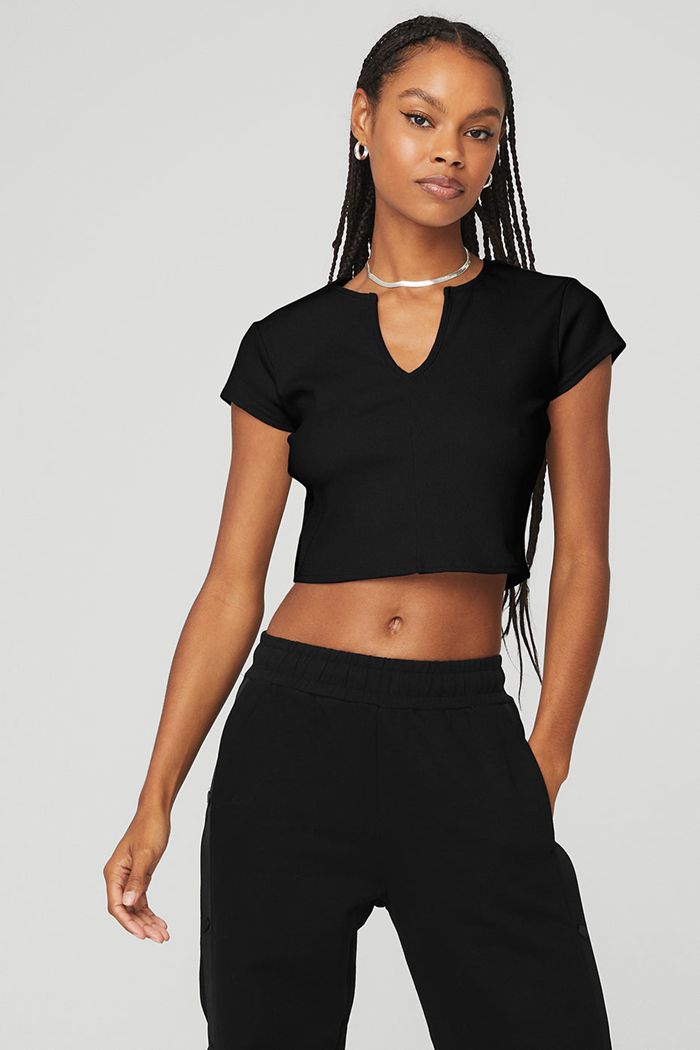 Alo Yoga Ribbed Cropped Savvy Women's Short Sleeve Black | 50NJGVWUF