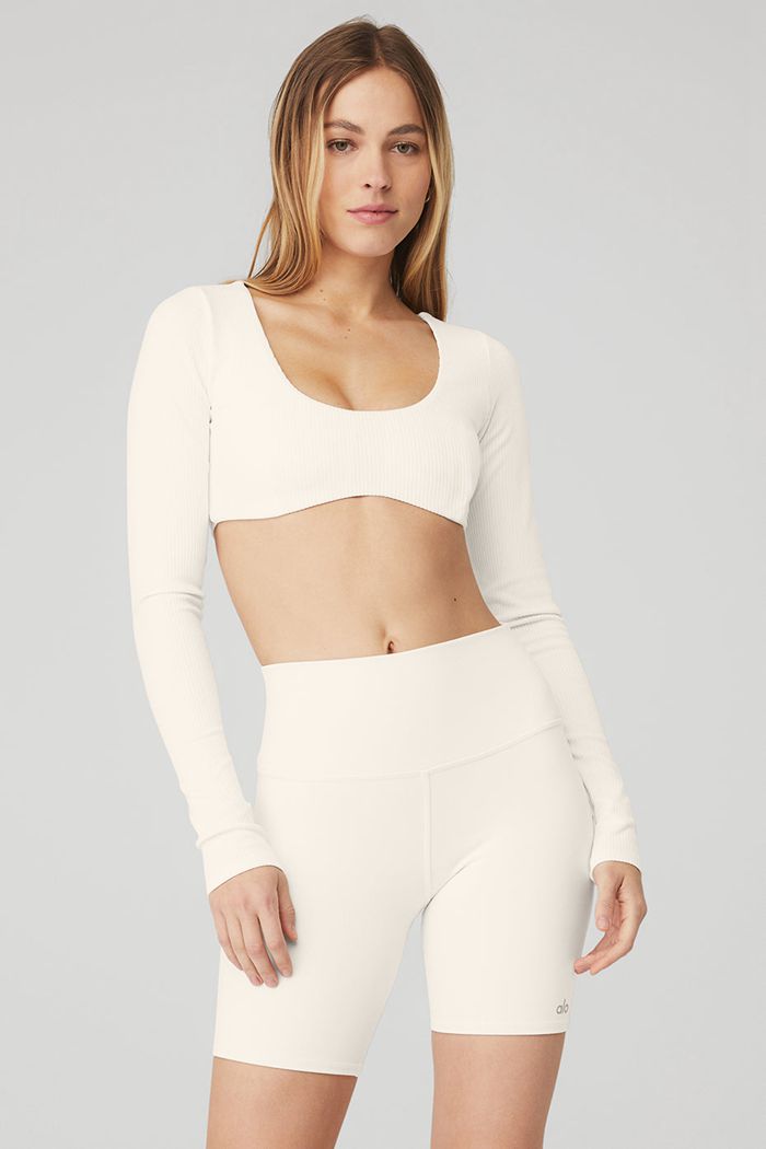 Alo Yoga Ribbed Defined Long Sleeve Women's Bras White | 30VMKRBZT