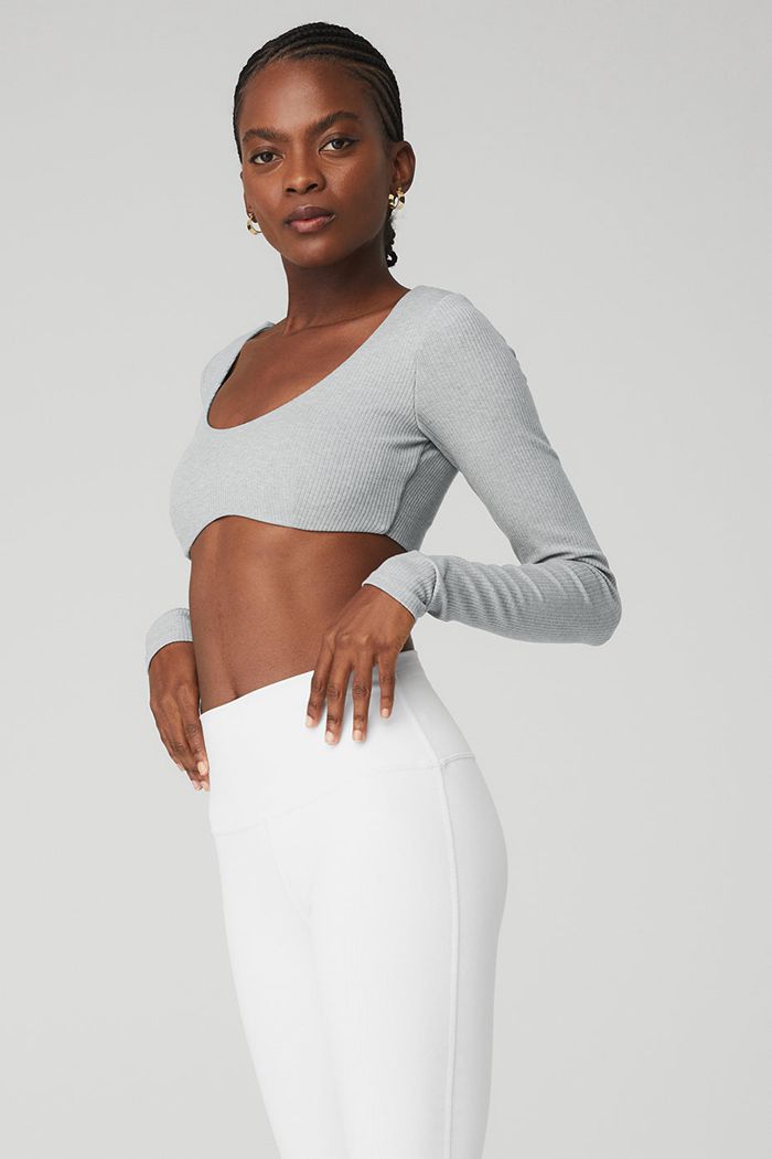 Alo Yoga Ribbed Defined Long Sleeve Women's Bras Grey | 36DOYGUIV