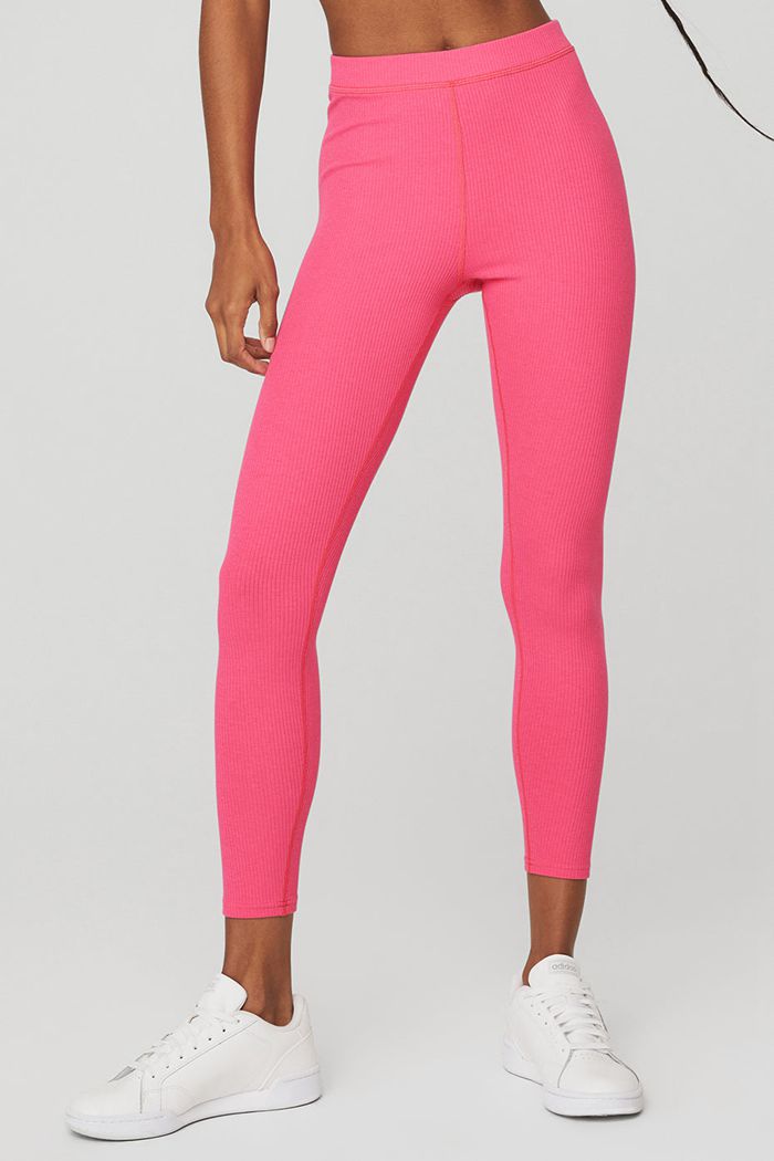 Alo Yoga Ribbed High-Waist 7/8 Blissful Women's Leggings Pink Fuchsia | 76GBOWSJX