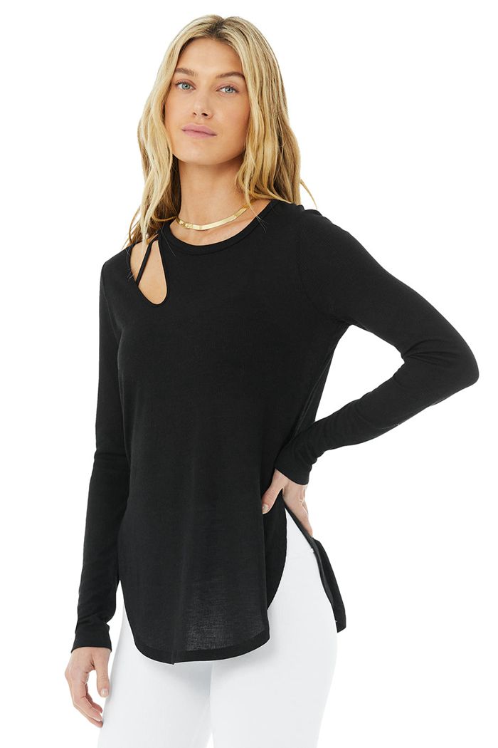 Alo Yoga Ribbed Peak Women's Long Sleeve Black | 29ZWECTOP