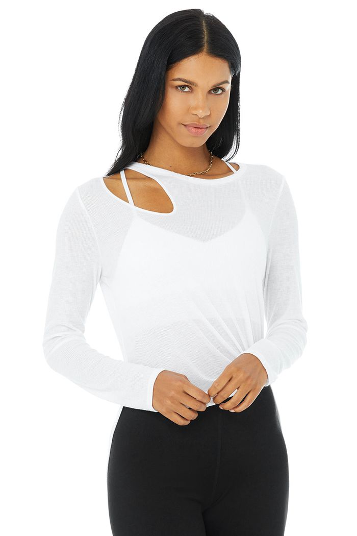 Alo Yoga Ribbed Peak Women's Long Sleeve White | 96VYZLPNT