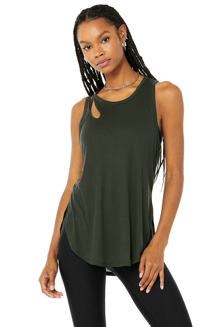 Alo Yoga Ribbed Peak Women's Tank Tops Dark Green | 23BMGHQOZ