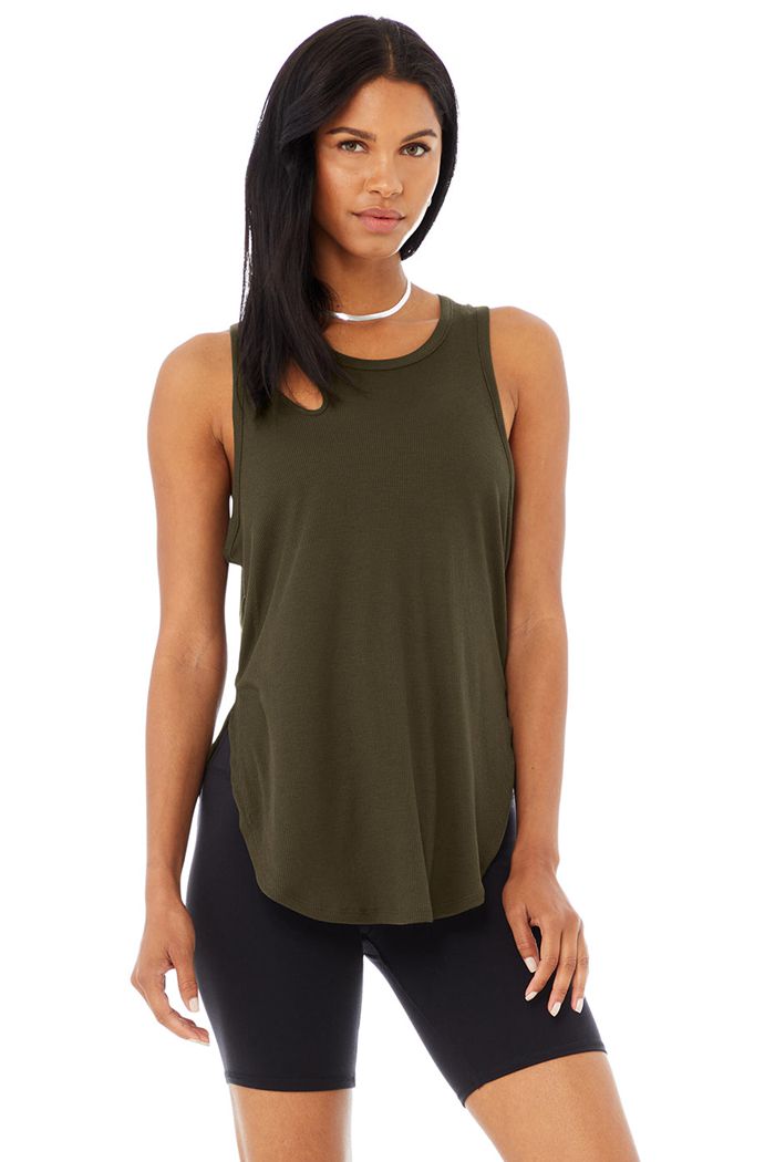 Alo Yoga Ribbed Peak Women's Tank Tops Dark Olive | 53XFVKJWU