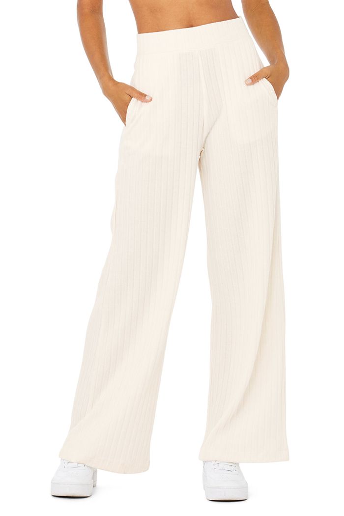 Alo Yoga Ribbed Take Comfort Wide Leg Women's Pants White | 90RYQXFDZ