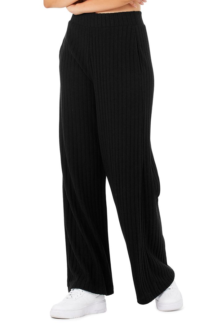 Alo Yoga Ribbed Take Comfort Wide Leg Women's Pants Black | 94PXNVRCK